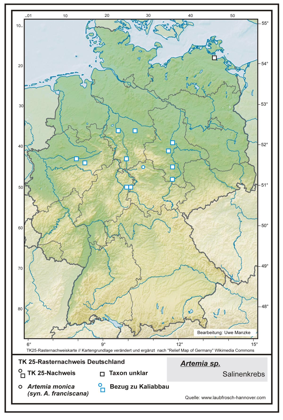 Artemia TK25-Rasternachweiskarte Deutschland, Bearbeitung Uwe Manzke; Kartengrundlage: verändert n. Relief Map of Germany Wikimedia Commons https://commons.wikimedia.org/wiki/File:Relief_Map_of_Germany.svg