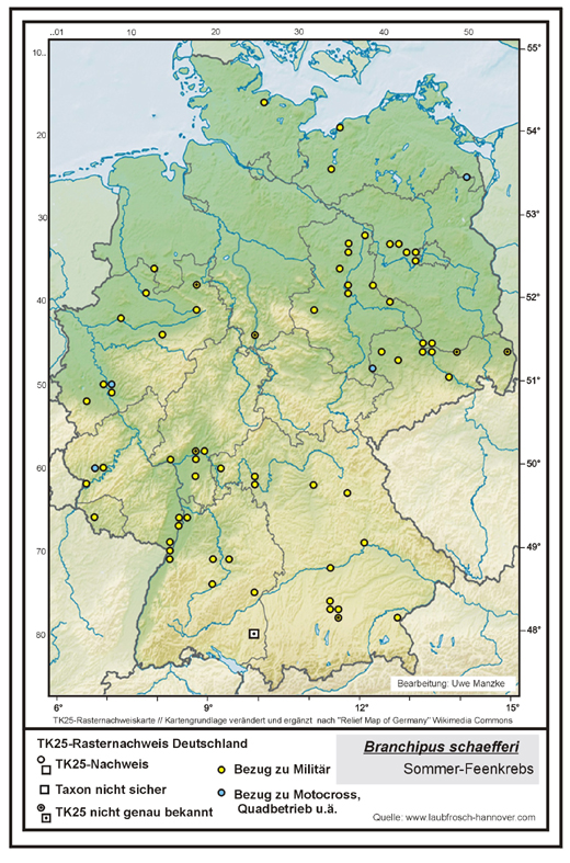 Branchipus schaefferi TK25-Rasternachweiskarte Deutschland, Bearbeitung Uwe Manzke; Kartengrundlage: verändert nach Relief Map of Germany Wikimedia Commons https://commons.wikimedia.org/wiki/File:Relief_Map_of_Germany.svg Branchipus schaefferi TK25-Rasternachweiskarte Deutschland, Bearbeitung Uwe Manzke; Kartengrundlage: verändert n. Relief Map of Germany Wikimedia Commons https://commons.wikimedia.org/wiki/File:Relief_Map_of_Germany.svg