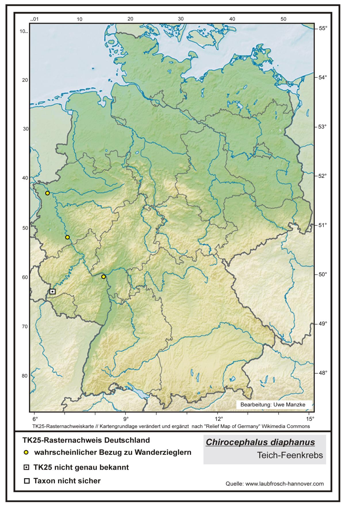 Chirocephalus diaphanus TK25-Rasternachweiskarte Deutschland, Bearbeitung Uwe Manzke; Kartengrundlage: verändert n. Relief Map of Germany Wikimedia Commons https://commons.wikimedia.org/wiki/File:Relief_Map_of_Germany.svg