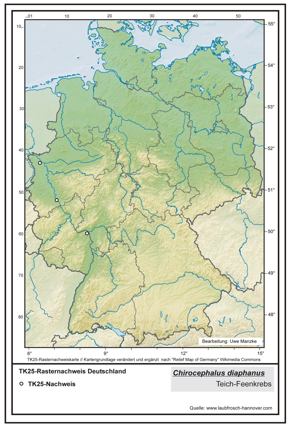 Chirocephalus diaphanus TK25-Rasternachweiskarte Deutschland, Bearbeitung Uwe Manzke; Kartengrundlage: verändert nach Relief Map of Germany Wikimedia Commons https://commons.wikimedia.org/wiki/File:Relief_Map_of_Germany.svg