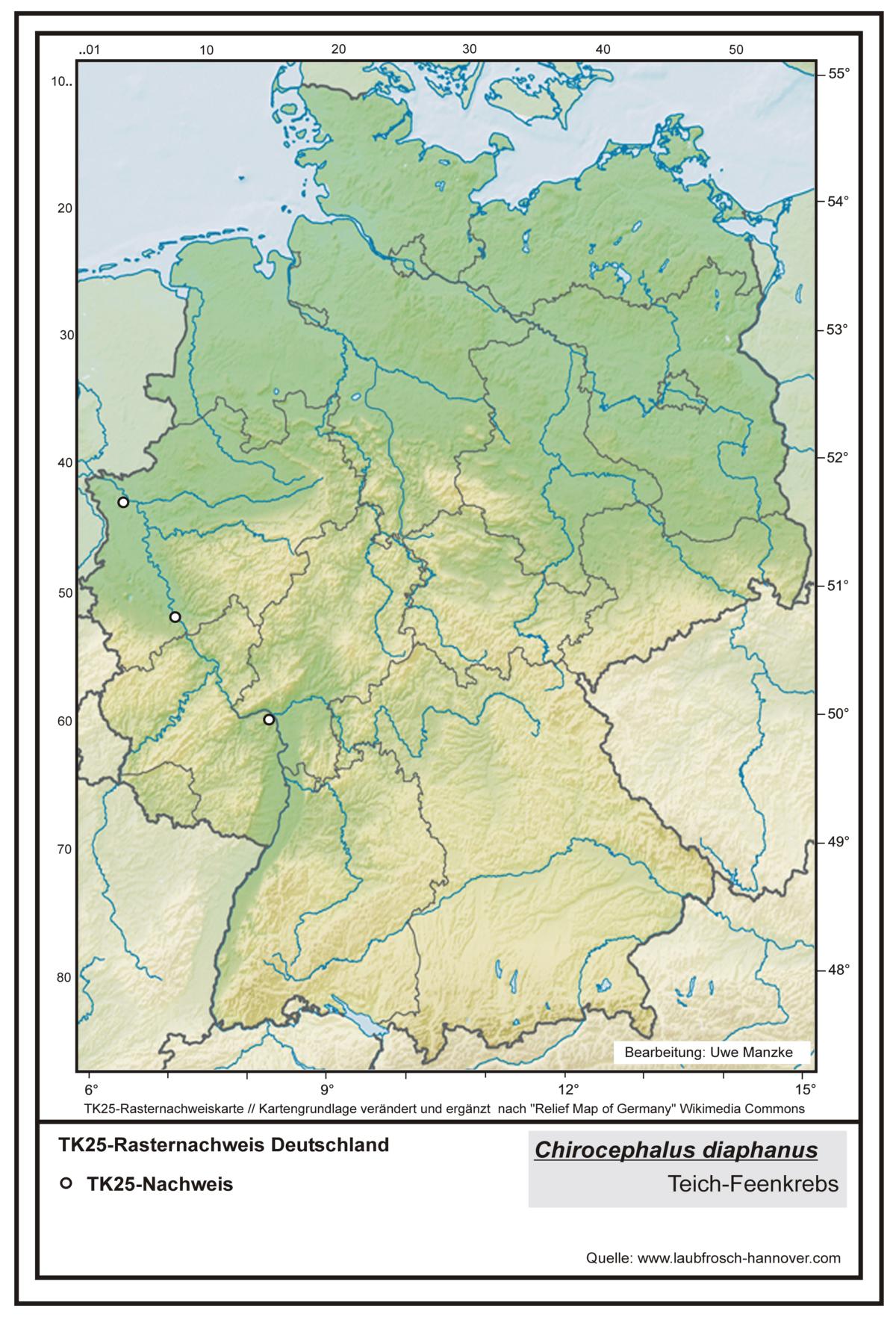 Chirocephalus diaphanus TK25-Rasternachweiskarte Deutschland, Bearbeitung Uwe Manzke; Kartengrundlage: verändert n. Relief Map of Germany Wikimedia Commons https://commons.wikimedia.org/wiki/File:Relief_Map_of_Germany.svg