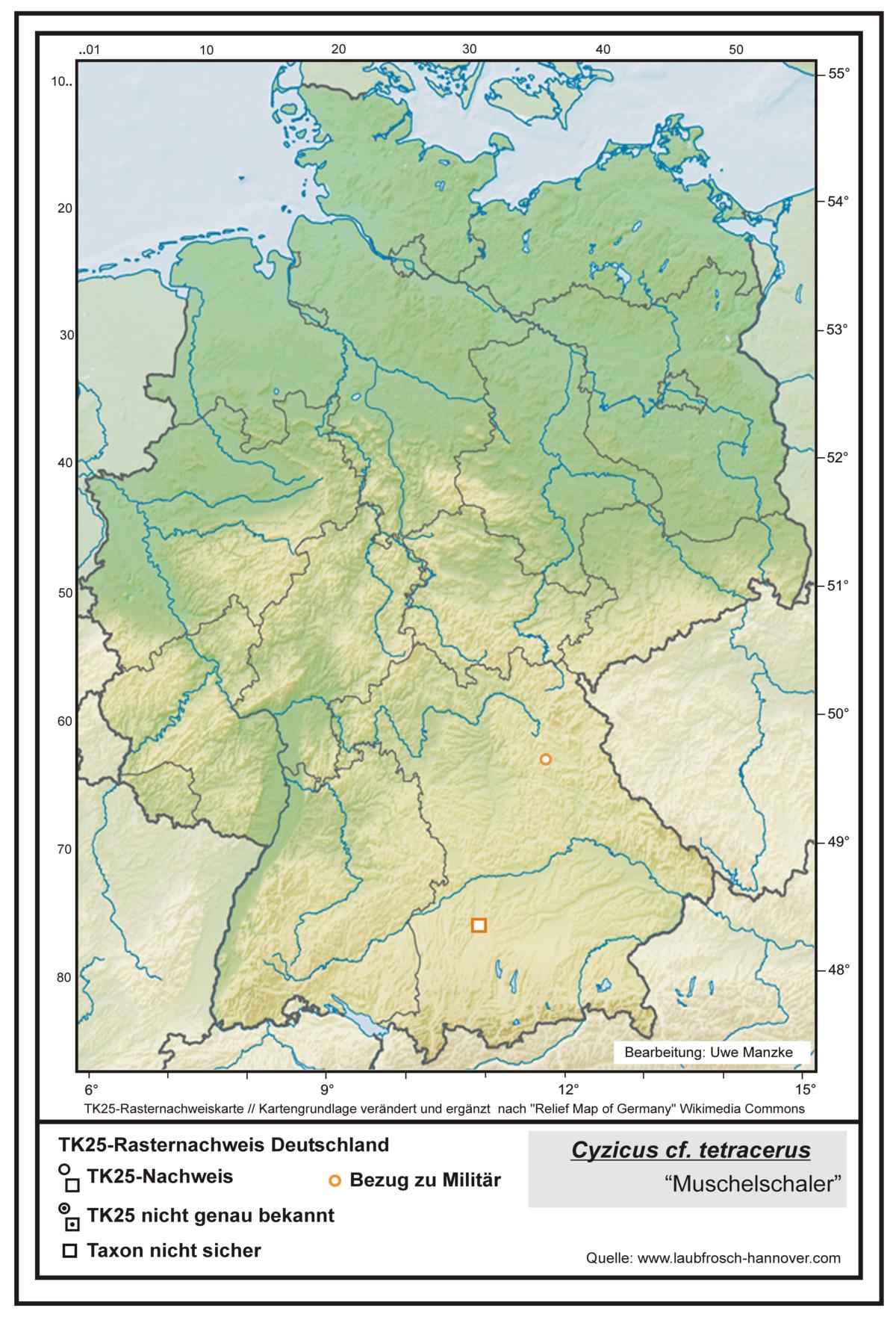 Cyzicus cf. tetracerus TK25-Rasternachweiskarte Deutschland, Bearbeitung Uwe Manzke; Kartengrundlage: verändert n. Relief Map of Germany Wikimedia Commons https://commons.wikimedia.org/wiki/File:Relief_Map_of_Germany.svg