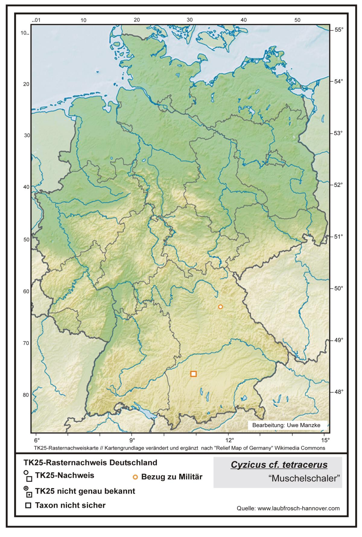 Leptestheria dahalacensis TK25-Rasternachweiskarte Deutschland, Bearbeitung Uwe Manzke; Kartengrundlage: verändert nach Relief Map of Germany Wikimedia Commons https://commons.wikimedia.org/wiki/File:Relief_Map_of_Germany.svg Cyzicus cf. tetracerus TK25-Rasternachweiskarte Deutschland, Bearbeitung Uwe Manzke; Kartengrundlage: verändert n. Relief Map of Germany Wikimedia Commons https://commons.wikimedia.org/wiki/File:Relief_Map_of_Germany.svg