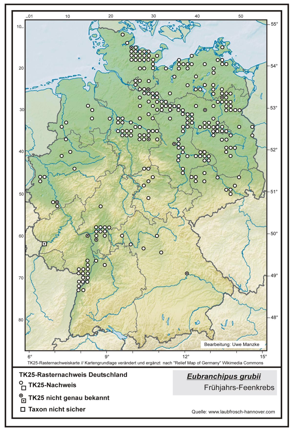Eubranchipus grubii TK25-Rasternachweiskarte Deutschland, Bearbeitung Uwe Manzke; Kartengrundlage: verändert n. Relief Map of Germany Wikimedia Commons https://commons.wikimedia.org/wiki/File:Relief_Map_of_Germany.svg