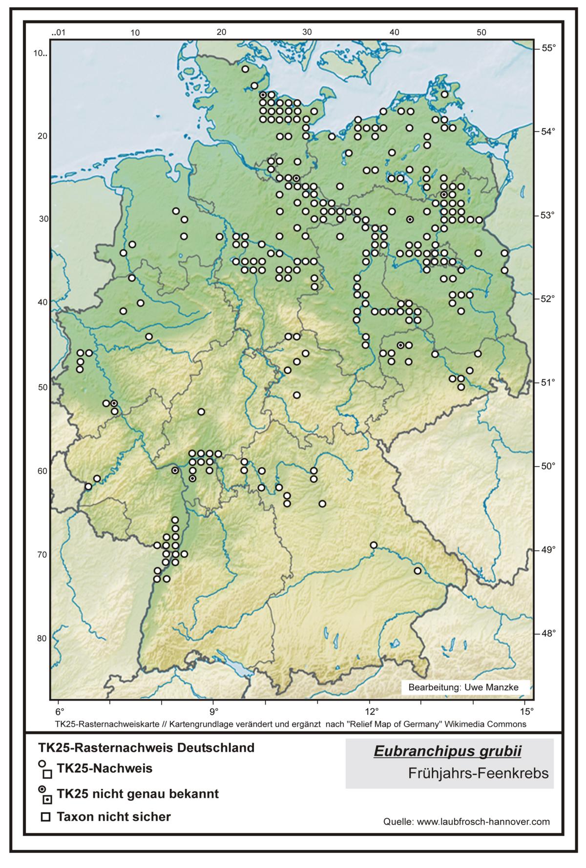 Eubranchipus grubii TK25-Rasternachweiskarte Deutschland, Bearbeitung Uwe Manzke; Kartengrundlage: verändert n. Relief Map of Germany Wikimedia Commons https://commons.wikimedia.org/wiki/File:Relief_Map_of_Germany.svg