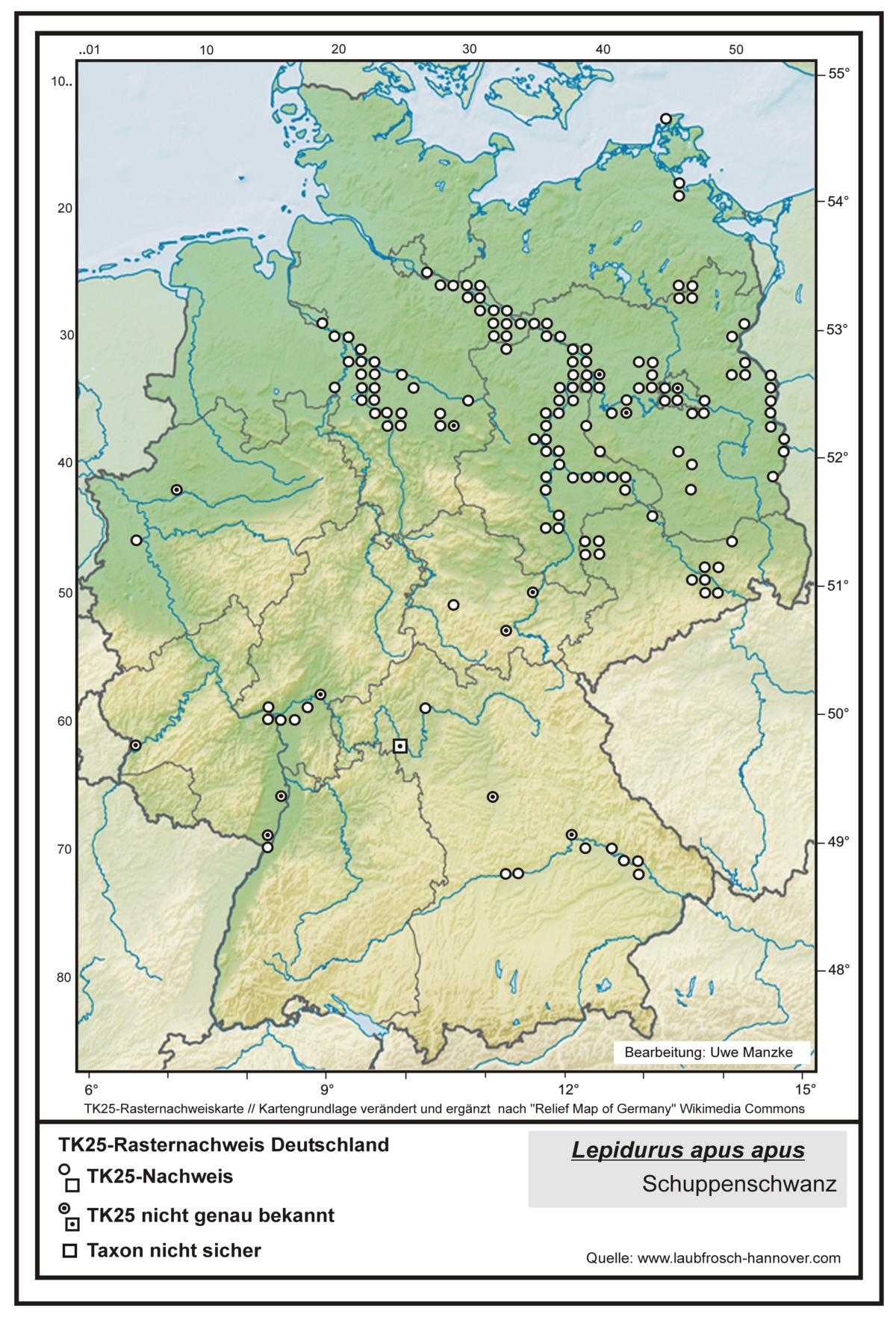 Lepidurus a. apus  TK25-Rasternachweiskarte Deutschland, Bearbeitung Uwe Manzke; Kartengrundlage: verändert n. Relief Map of Germany Wikimedia Commons https://commons.wikimedia.org/wiki/File:Relief_Map_of_Germany.svg