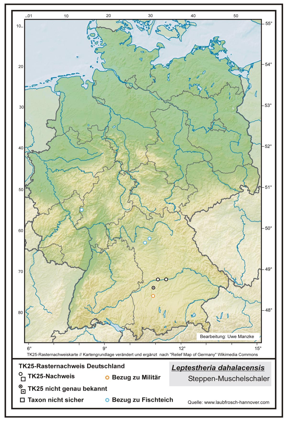 Leptestheria dahalacensis TK25-Rasternachweiskarte Deutschland, Bearbeitung Uwe Manzke; Kartengrundlage: verändert nach Relief Map of Germany Wikimedia Commons https://commons.wikimedia.org/wiki/File:Relief_Map_of_Germany.svg