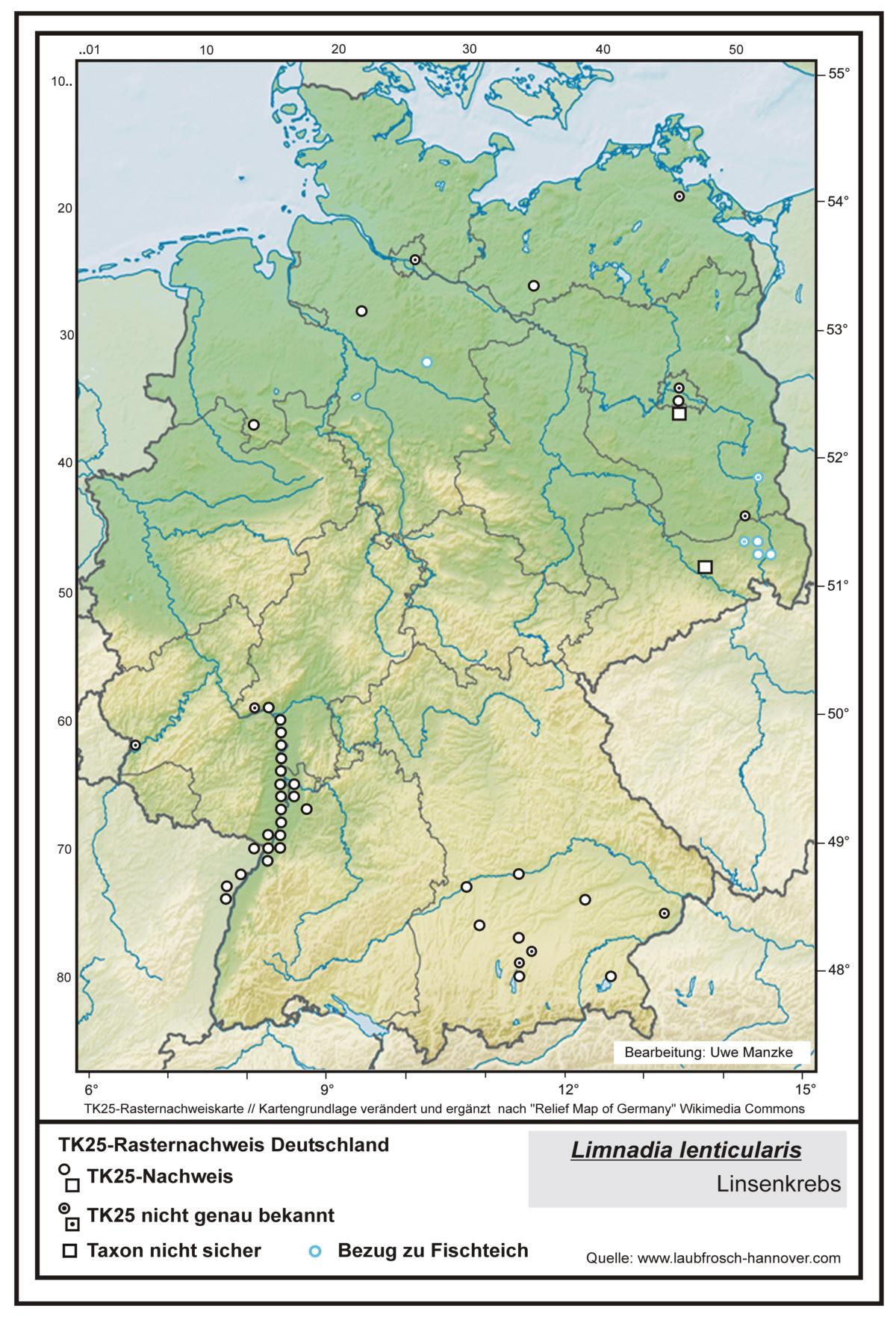 Limnadia lenticularis TK25-Rasternachweiskarte Deutschland, Bearbeitung Uwe Manzke; Kartengrundlage: verändert nach Relief Map of Germany Wikimedia Commons https://commons.wikimedia.org/wiki/File:Relief_Map_of_Germany.svg