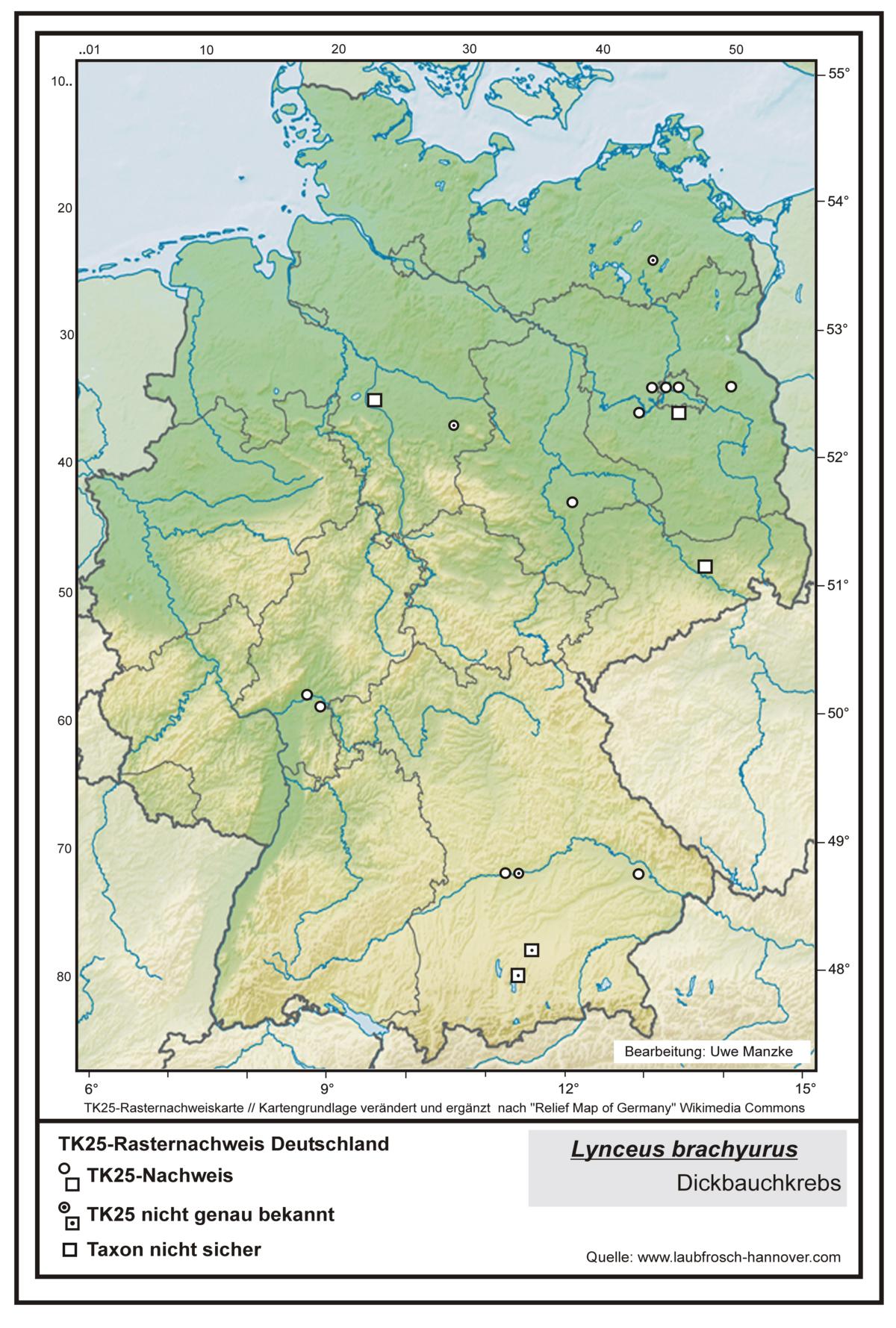 Lynceus brachyurus TK25-Rasternachweiskarte Deutschland, Bearbeitung Uwe Manzke; Kartengrundlage: verändert nach Relief Map of Germany Wikimedia Commons https://commons.wikimedia.org/wiki/File:Relief_Map_of_Germany.svg