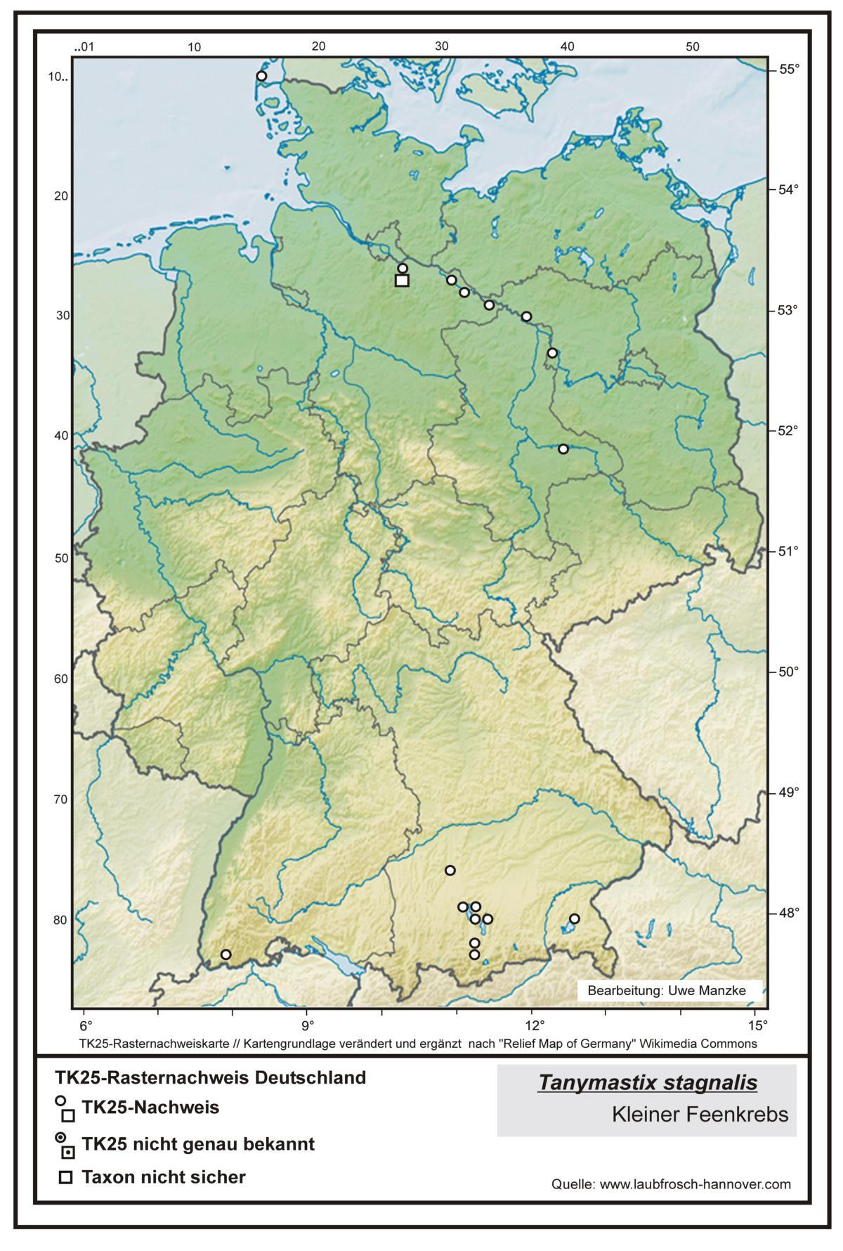Tanymastix stagnalis TK25-Rasternachweiskarte Deutschland, Bearbeitung Uwe Manzke; Kartengrundlage: verändert nach Relief Map of Germany Wikimedia Commons https://commons.wikimedia.org/wiki/File:Relief_Map_of_Germany.svg