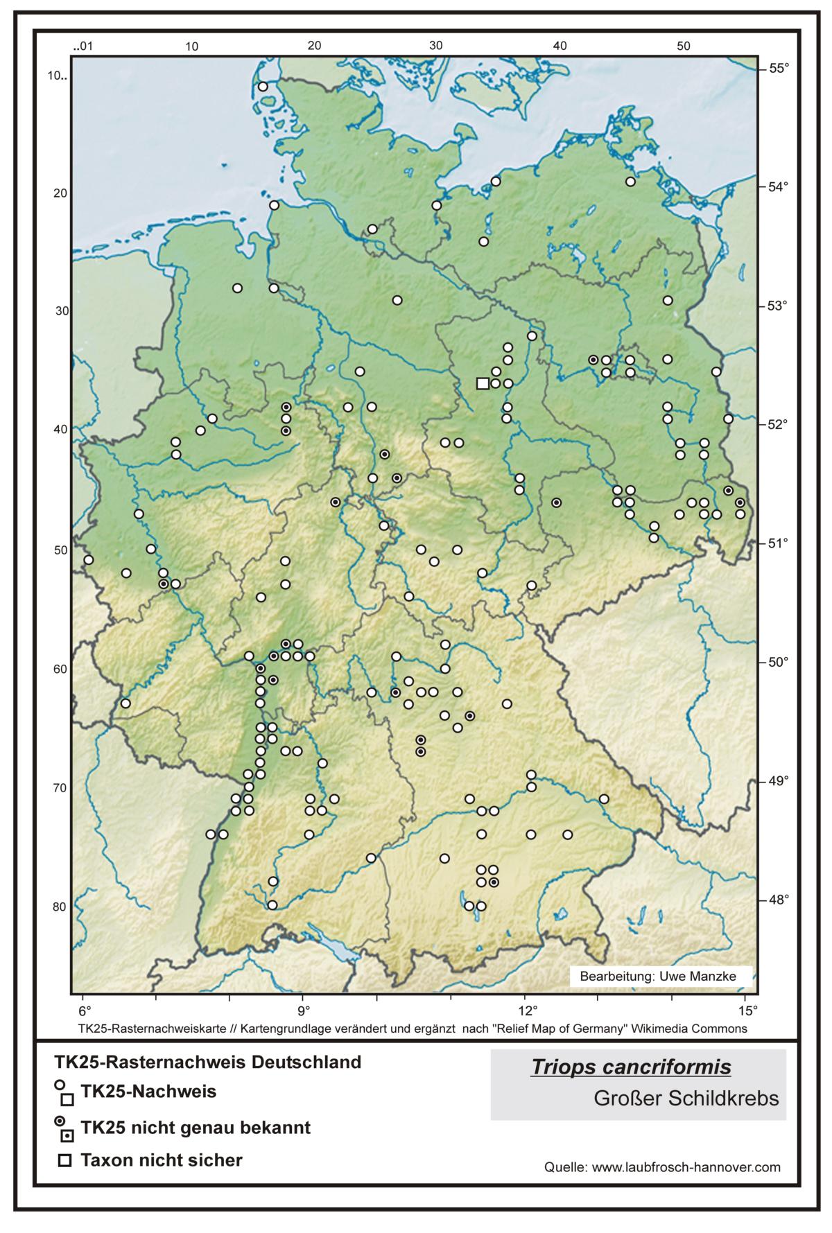 Triops cancriformis TK25-Rasternachweiskarte Deutschland, Bearbeitung Uwe Manzke; Kartengrundlage: verändert nach Relief Map of Germany Wikimedia Commons https://commons.wikimedia.org/wiki/File:Relief_Map_of_Germany.svg